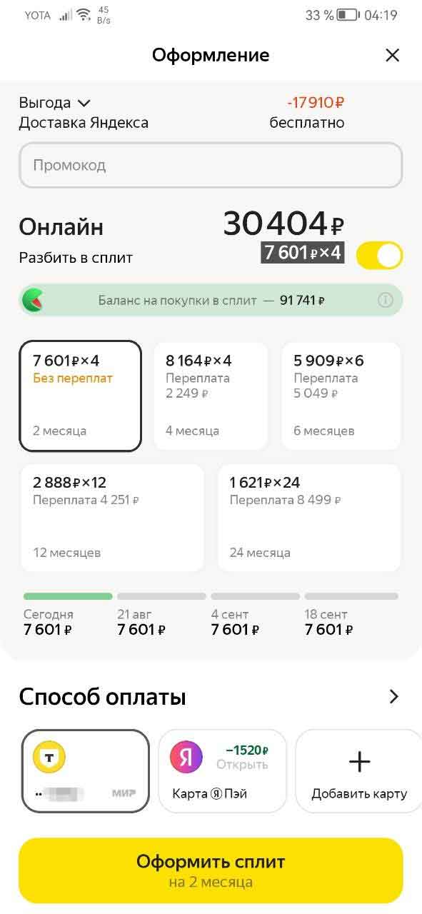 График платежей Яндекс Сплит.
