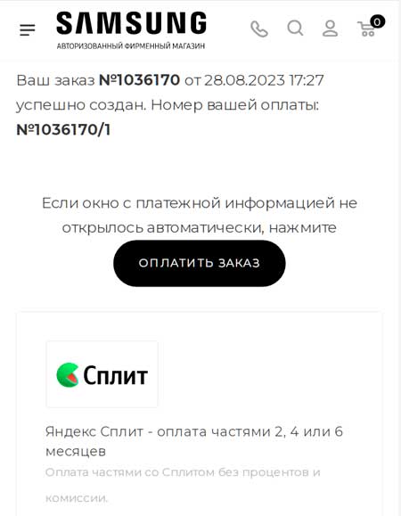 Оплата заказанного телефона Samsung.